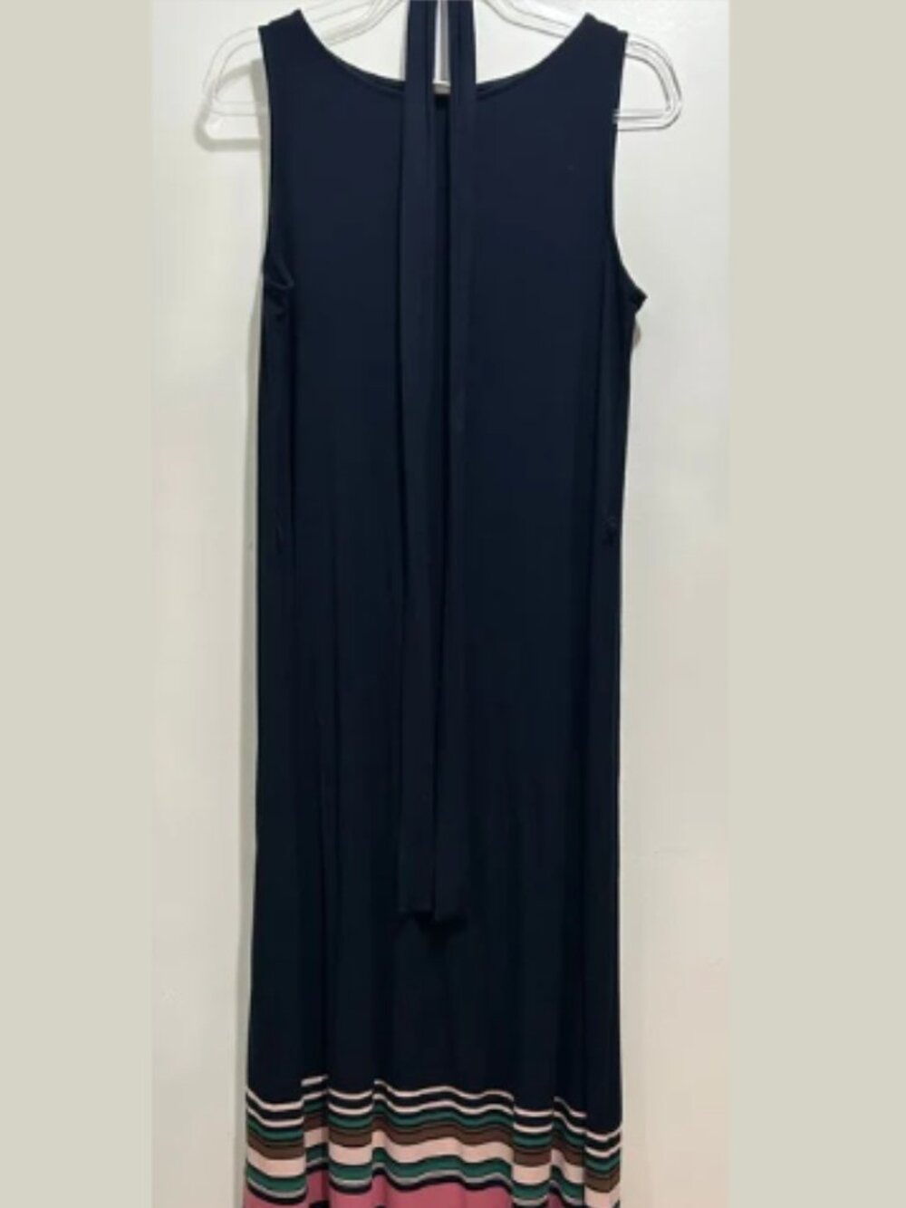 J. Jill Sleeveless Navy Maxi Dress with Colorblock Stripe Hem